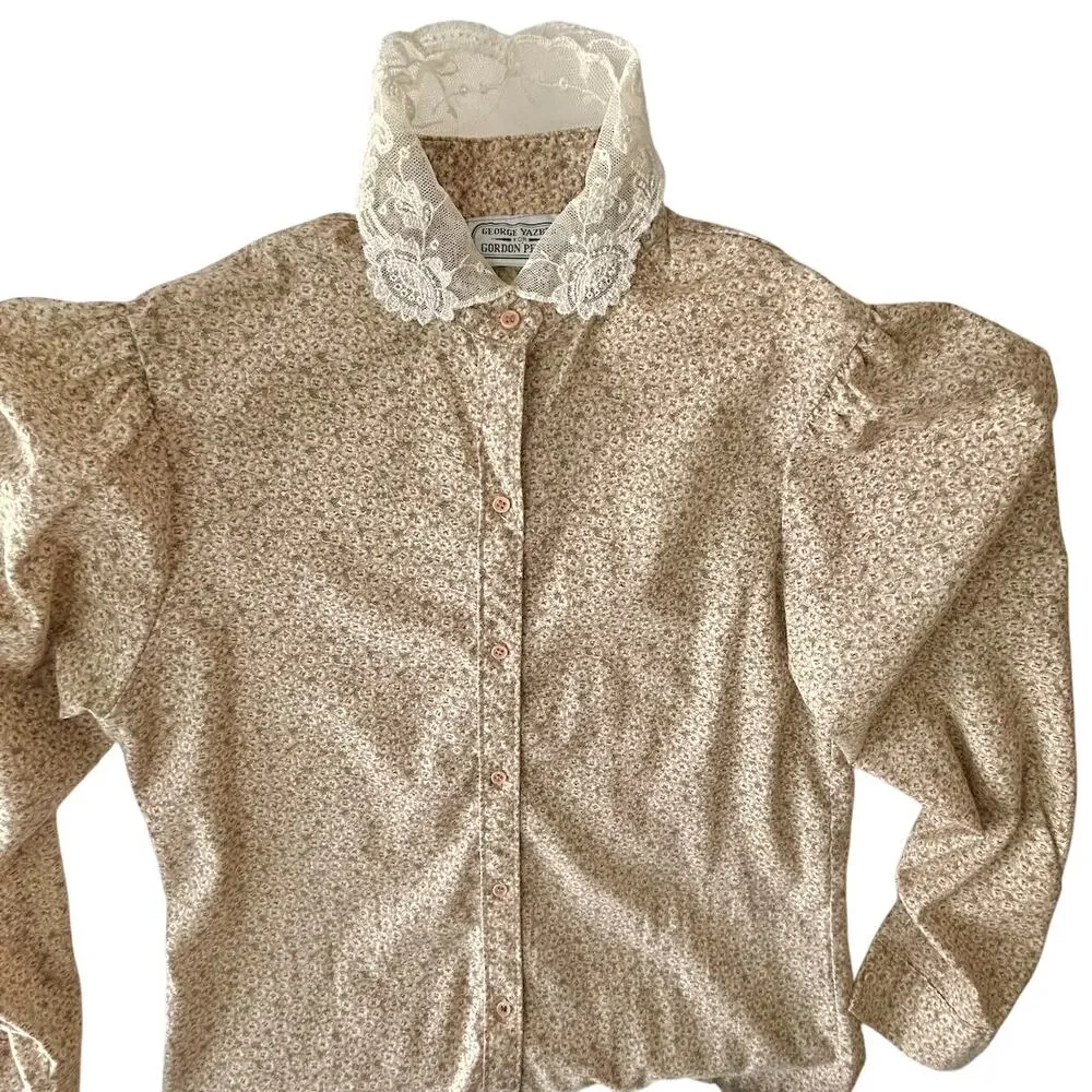 Vintage 70s Prairie Micro Floral Puffy Sleeves Lace Trim Cottage Pioneer Small - Picture 11 of 11